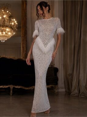 Banjul White Beaded Feather-Trim Maxi Gown